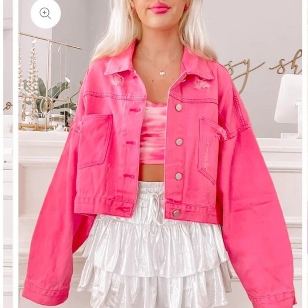 Sassy Shortcake Cowgirl Pink Denim Jacket Rhinestone Fringe Distressed M/L